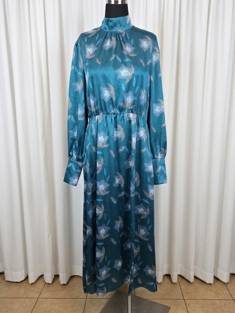 Teal Floral High-Neck Long Sleeve Maxi Dress